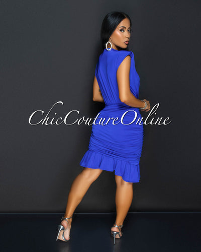 Amai Royal-Blue Deep-V Ruched Ruffle Dress