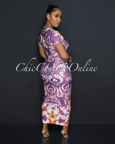 Keeya Tofee Multi-Color Print Deep V Neck Draped Maxi Dress