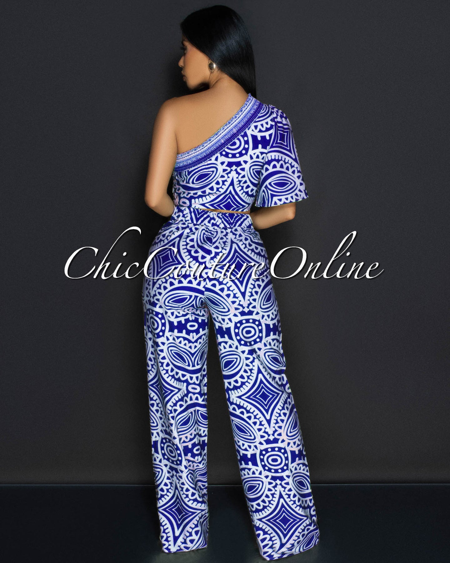 Odana Royal-Blue Beige Single Shoulder Top & Pants Set