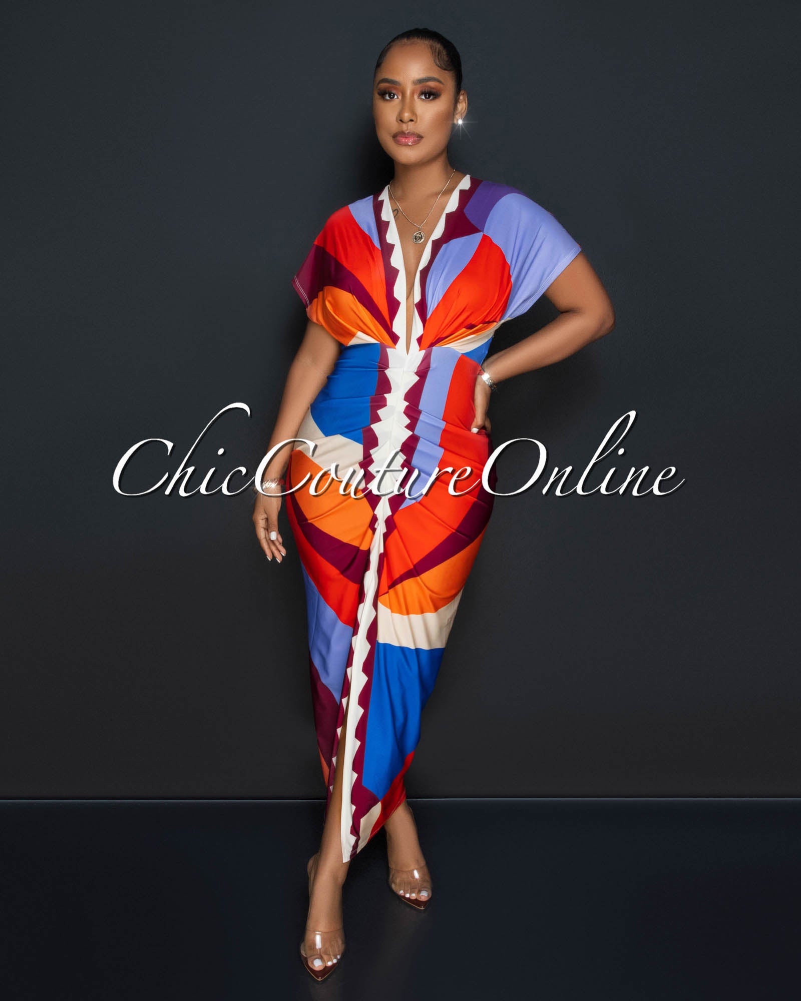 *Ellender Red Multi-Color Print Deep V Neck Draped Maxi Dress