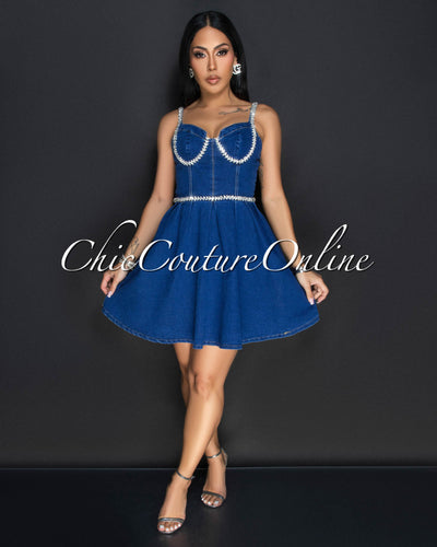 Norina Dark Denim Rhinestones Sweetheart Dress