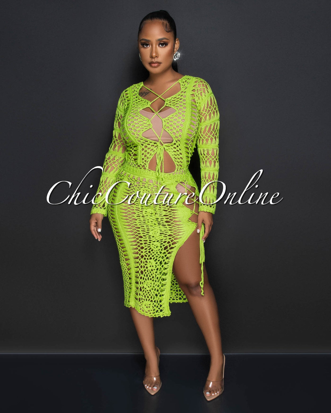 Domna Green Crochet Cover-Up Lace-Up Midi Dress