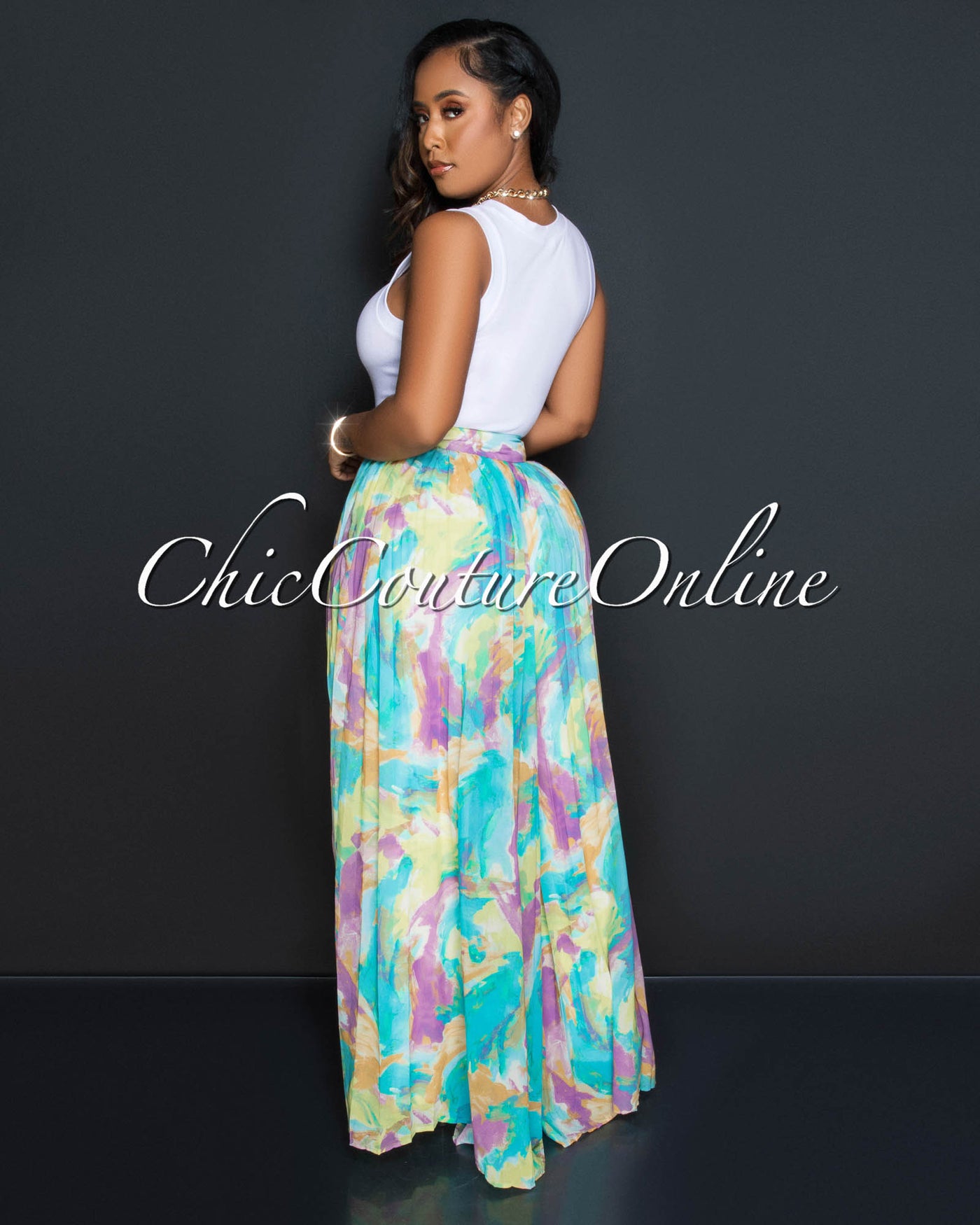 Iranick Green Multi-Color Print Pleated Wide Pants