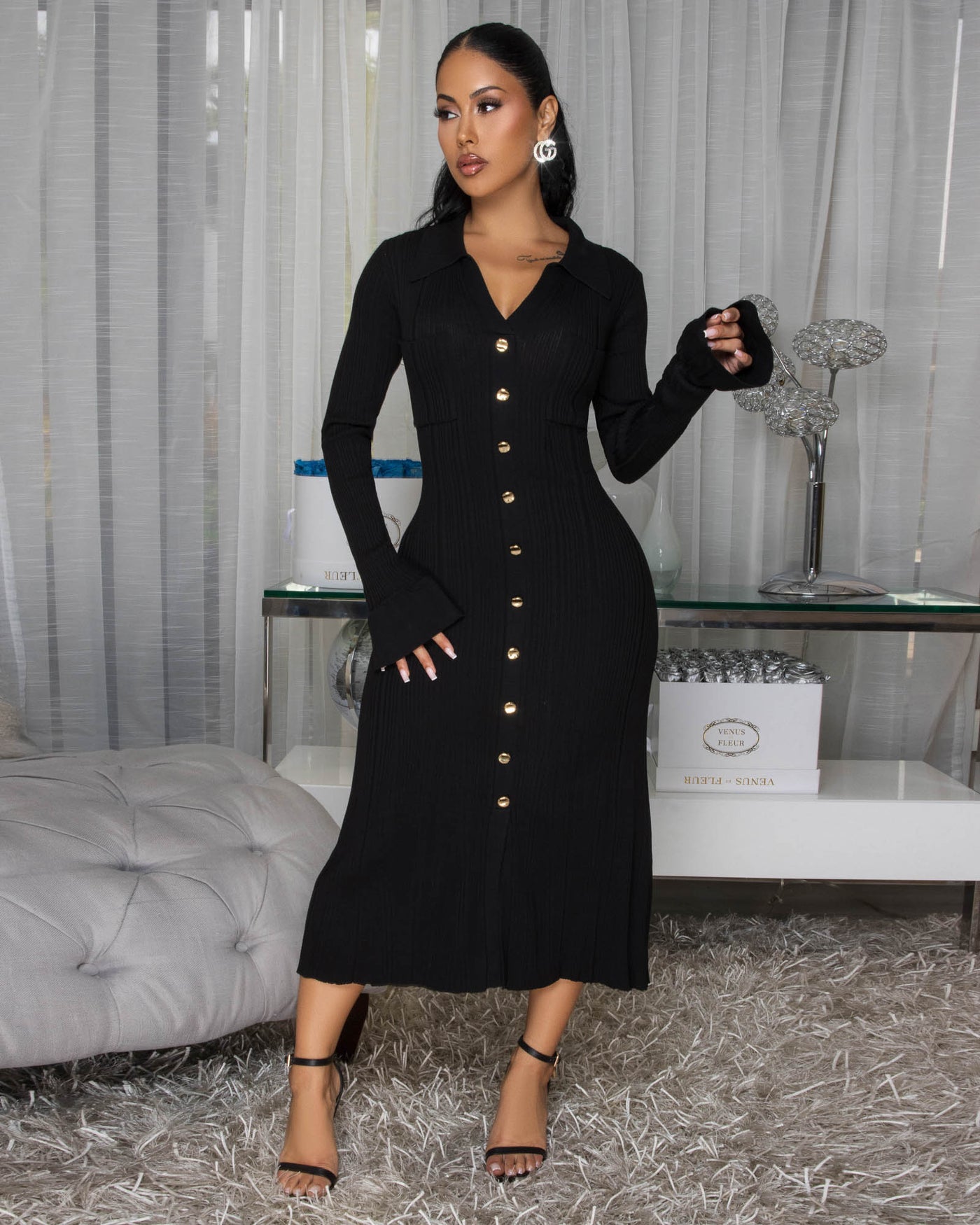 Keita Black Ribbed Bodycon Maxi Dress