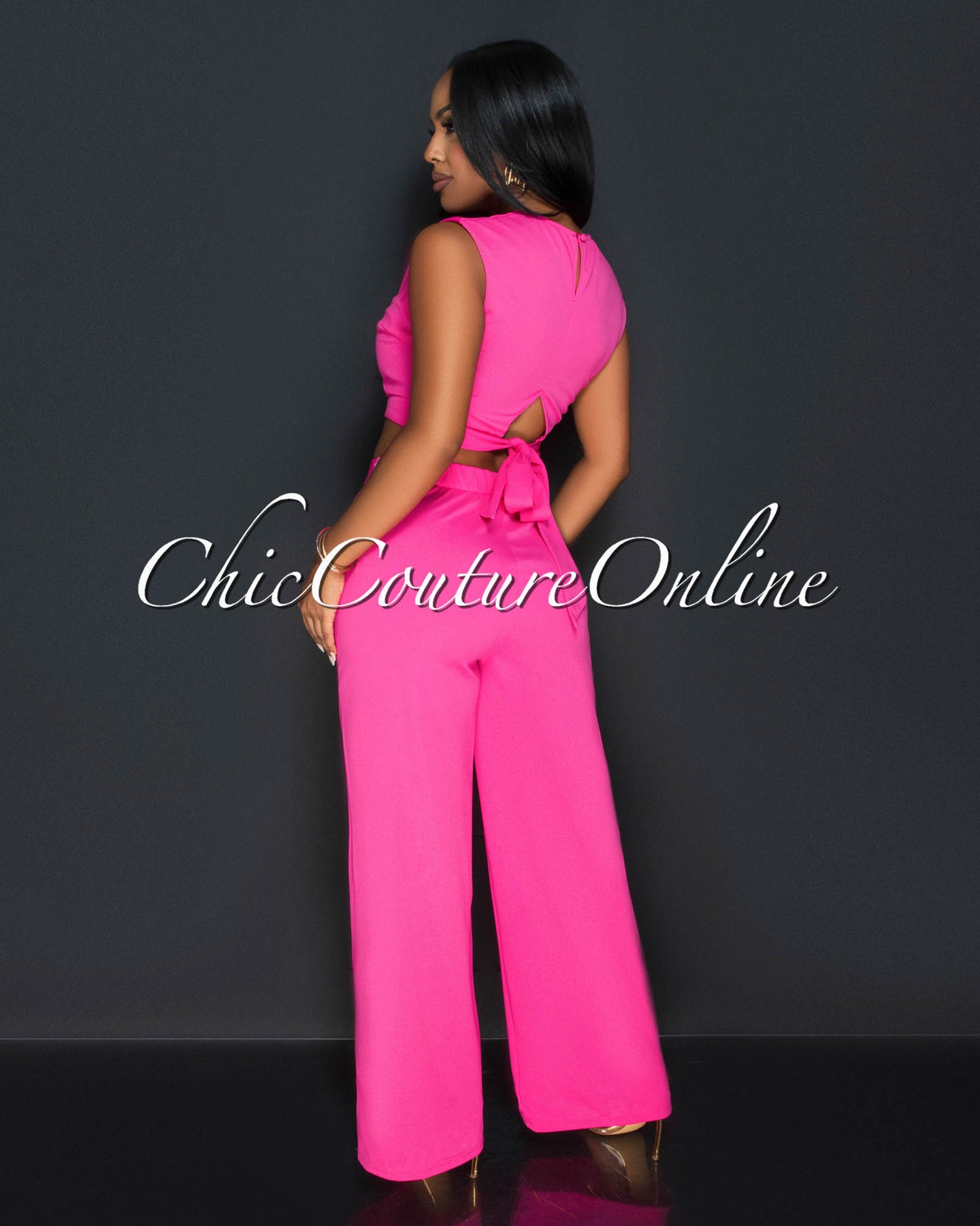Kalia Fuchsia Gold Accent Crop Top & Wide Pants Set