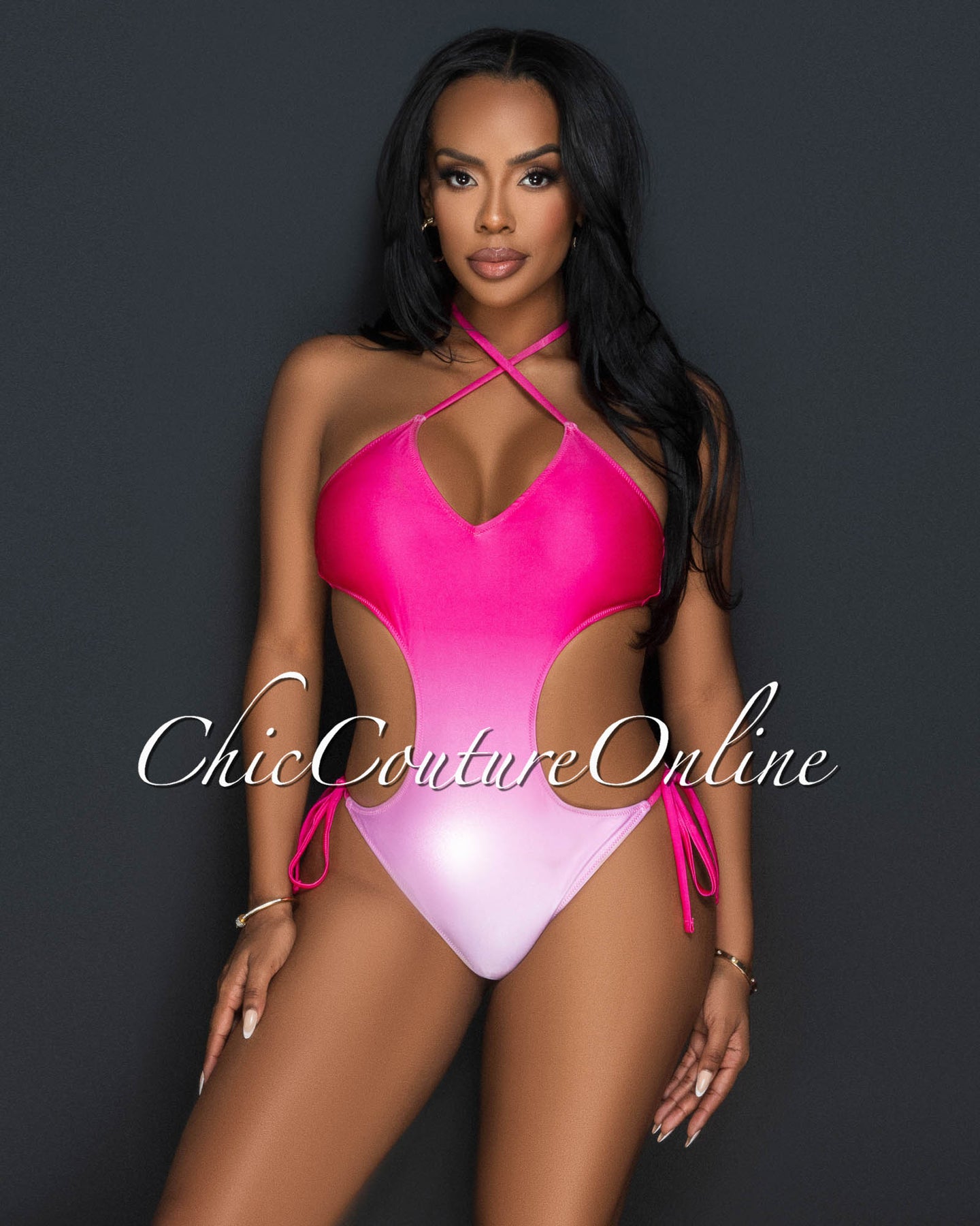 Nona Fuchsia Ombre Halter Strappy One Piece Swimsuit