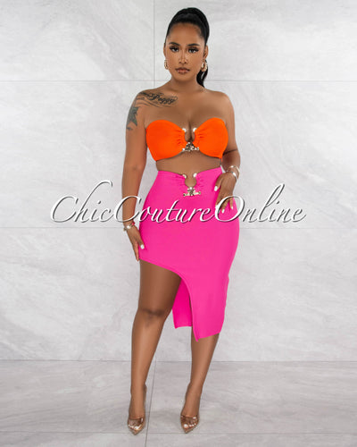 *Martelli Orange Top & Fuchsia Midi Skirt Gold Accent Bandage Set