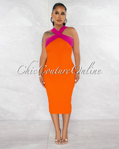 Shirley Fuchsia Orange Color Block Ribbed Midi Dress