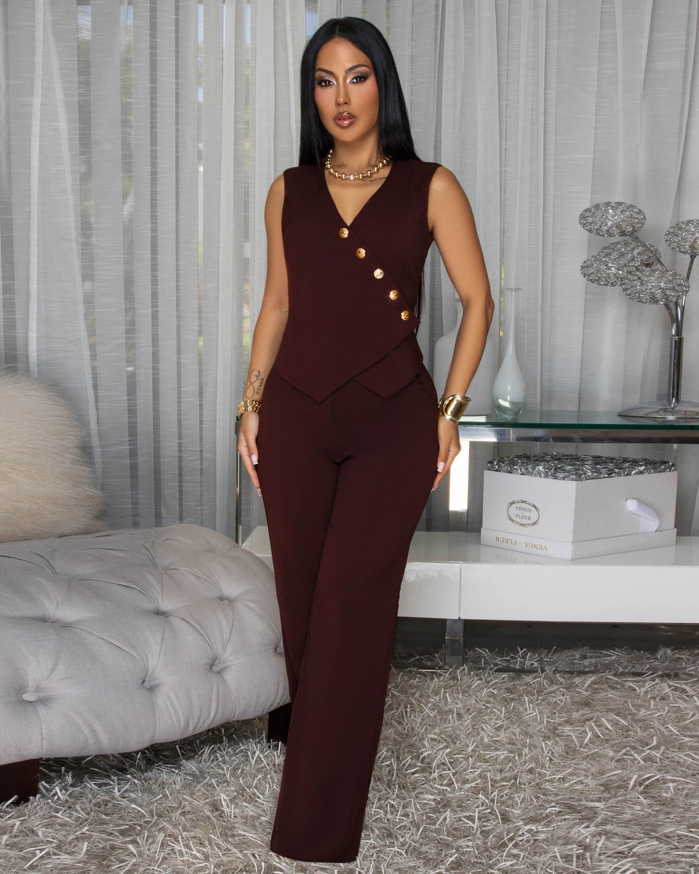 Komodo Brown Gold Buttons Vest & Pants Set