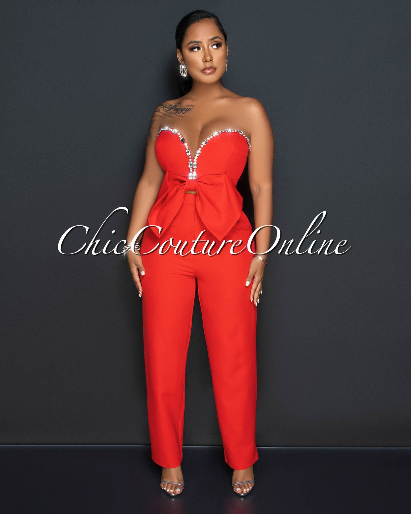 Falcon Red Rhinestones Bow Crop Top & Pleated Pants Set