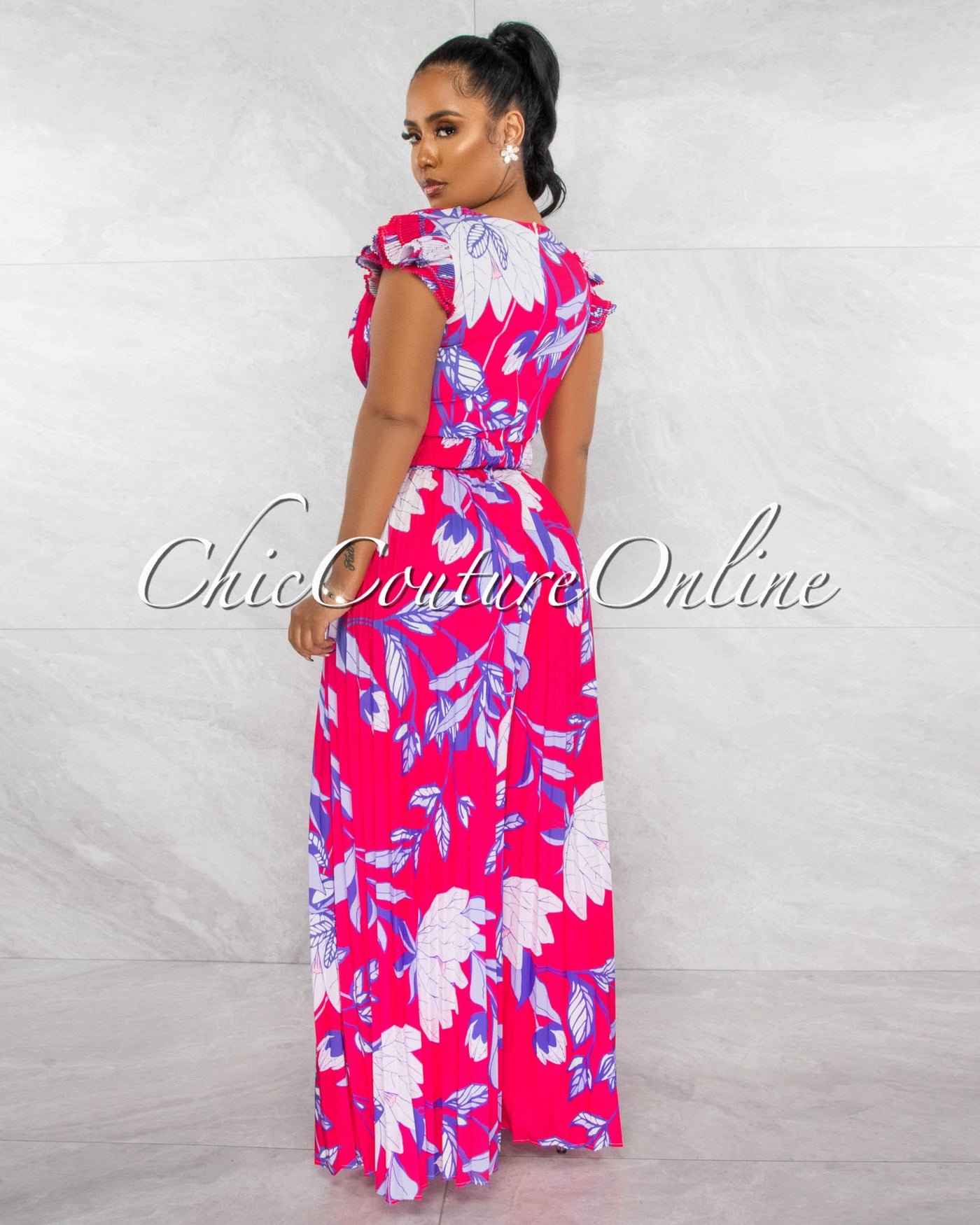 *Edena Fuchsia Floral Print Pleated Jumpsuit