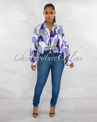 Hades Lilac Green Print Front Tie Silky Blouse