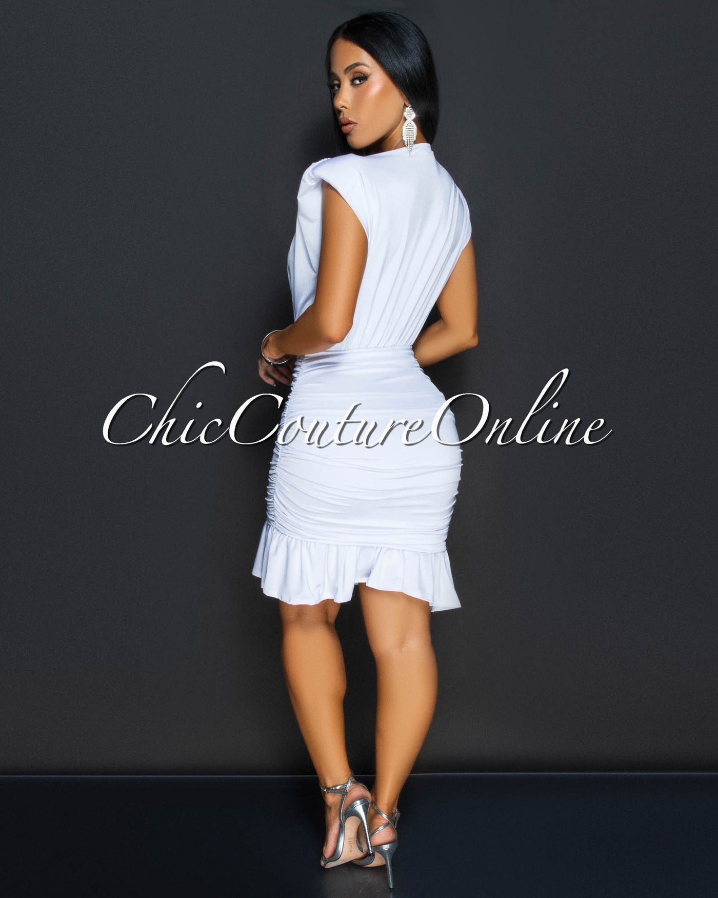 Amai White Deep-V Ruched Ruffle Dress