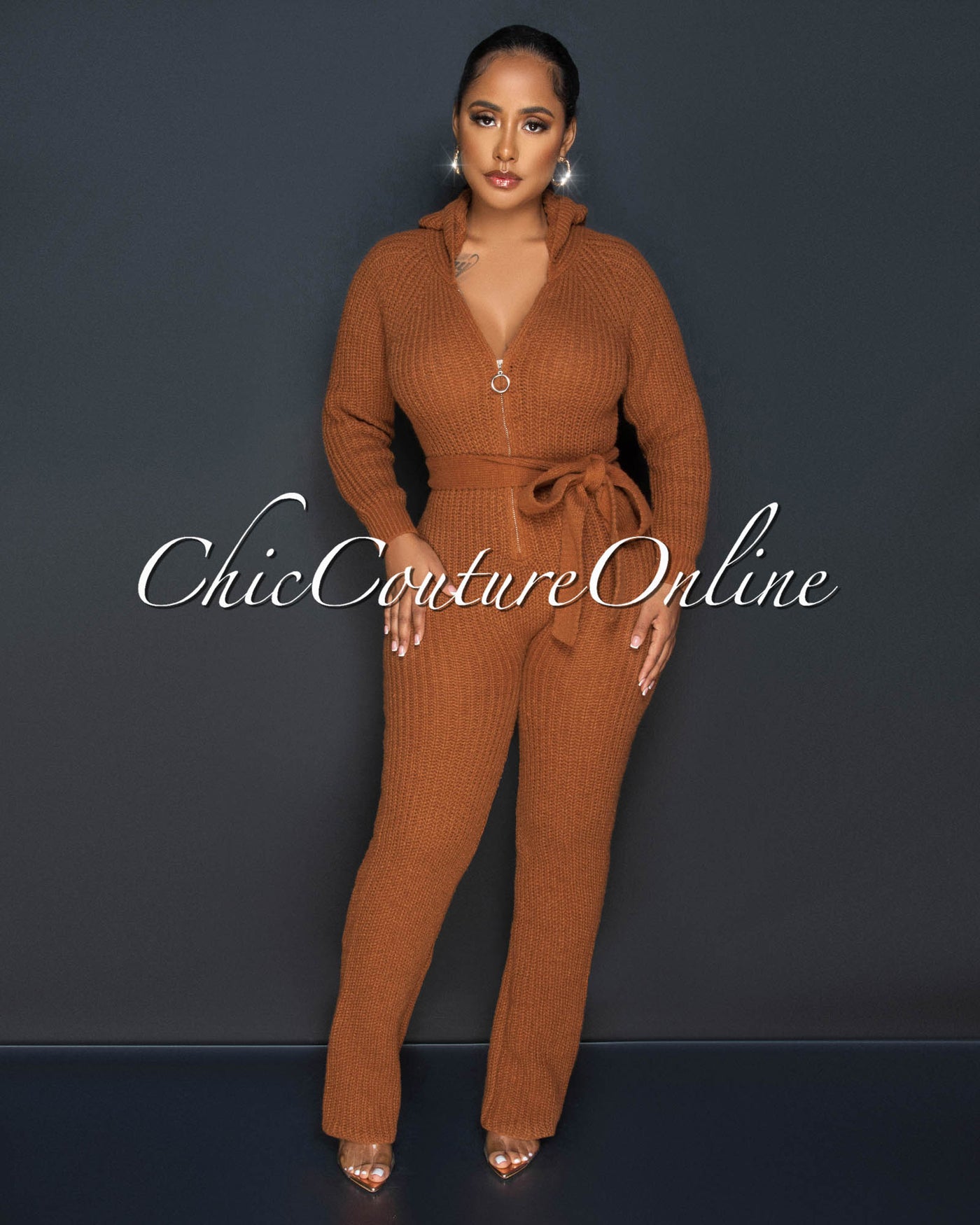 Lidya Brown Cable Knit Hoodie Jumpsuit