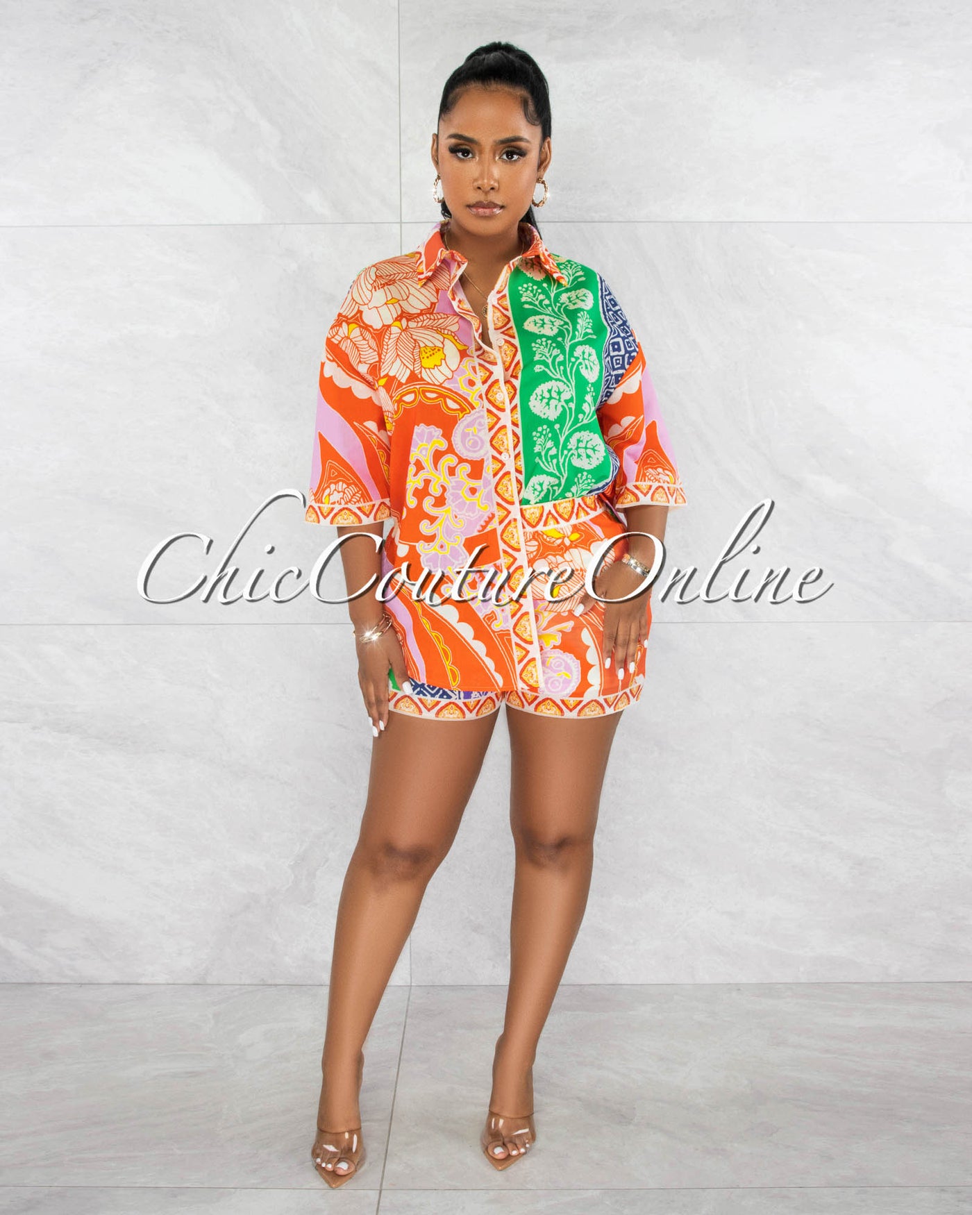 Terrel Orange Green Print Shirt & Shorts Set