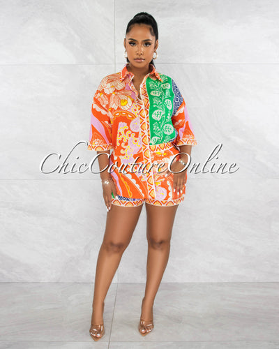 Terrel Orange Green Print Shirt & Shorts Set