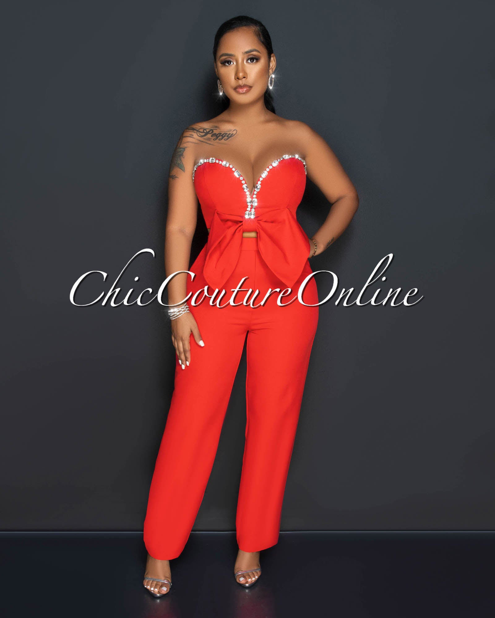 Falcon Red Rhinestones Bow Crop Top & Pleated Pants Set
