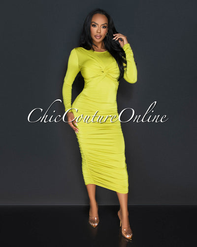 Razelle Lime Knot Accent Ruched Midi Dress