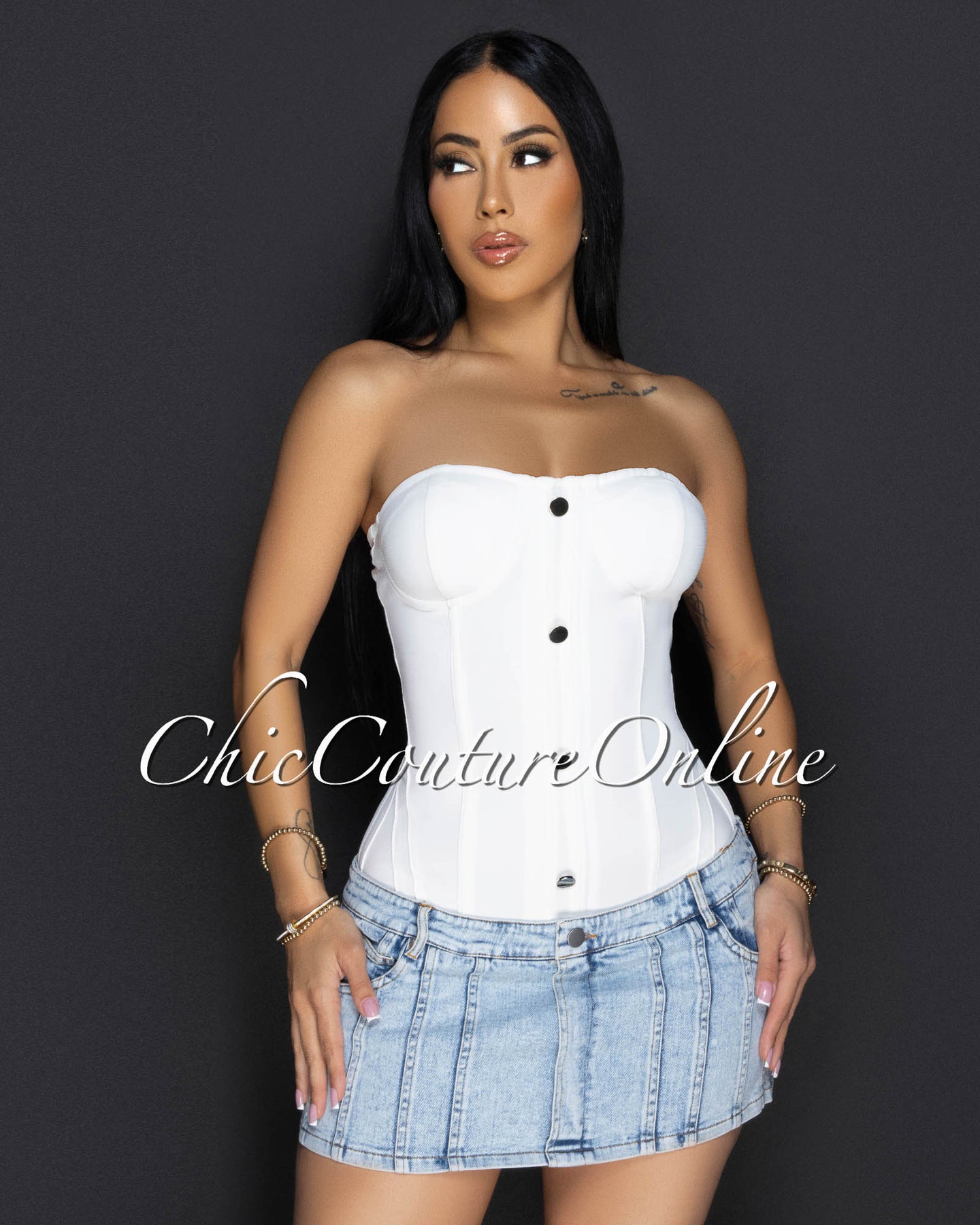 *Zyla White Denim Two-Tone Mini Dress