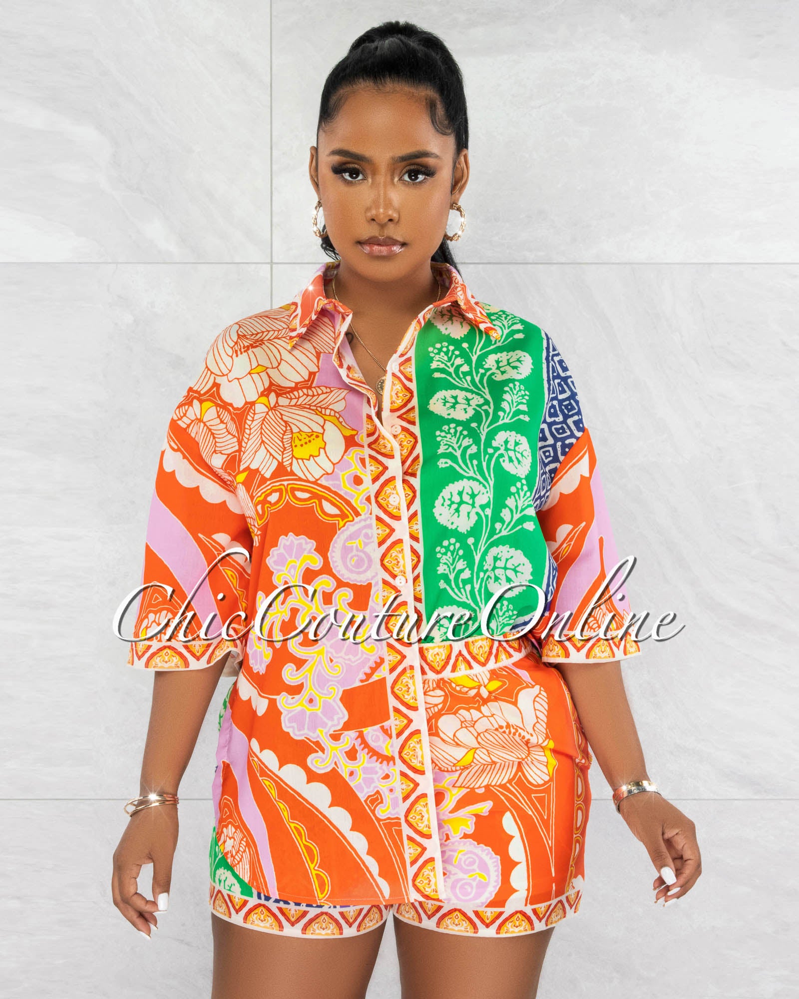 *Terrel Orange Green Print Shirt & Shorts Set