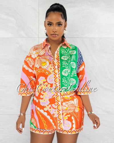 Terrel Orange Green Print Shirt & Shorts Set