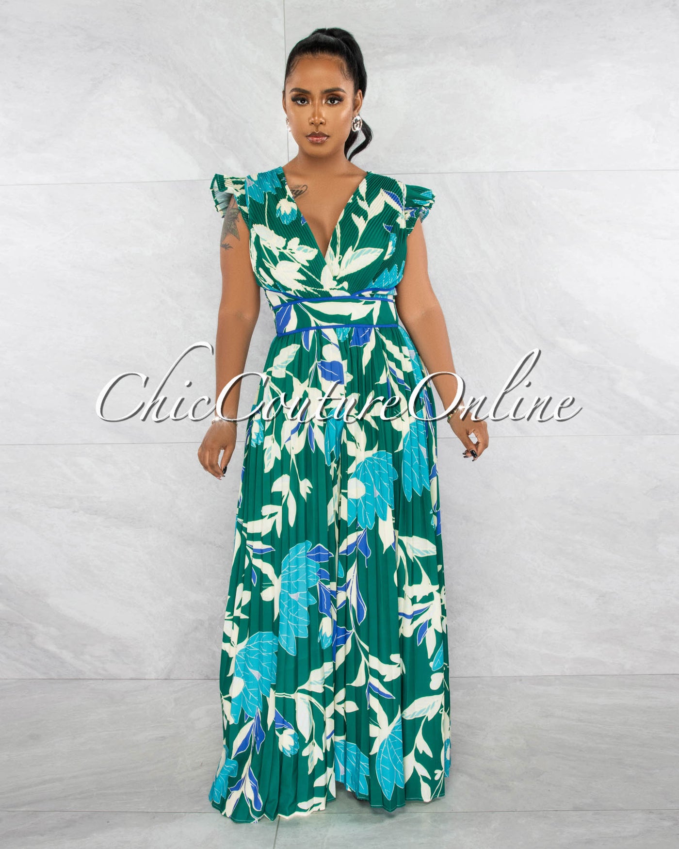 *Edena Green Floral Print Pleated Jumpsuit