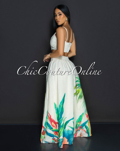 Roza Beige Floral Bustier & Maxi Skirt Set