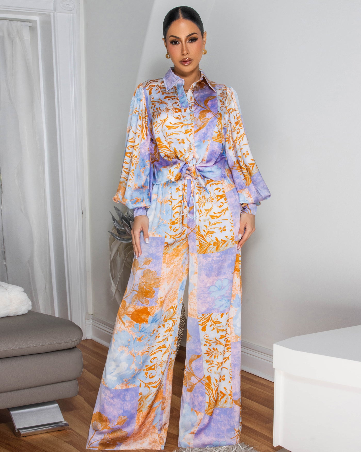 Netisha Brown Multi-Color Print Pants Set