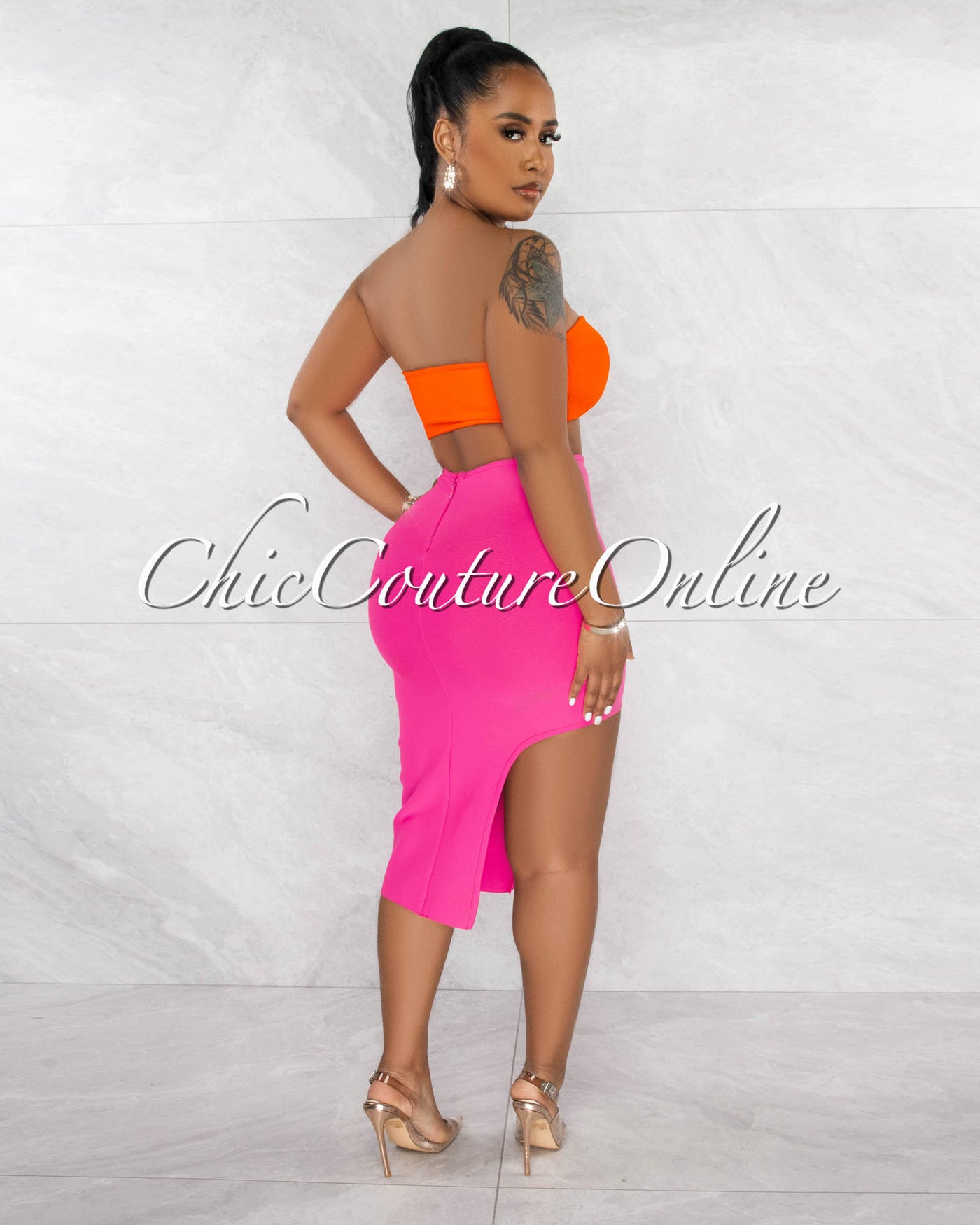 *Martelli Orange Top & Fuchsia Midi Skirt Gold Accent Bandage Set