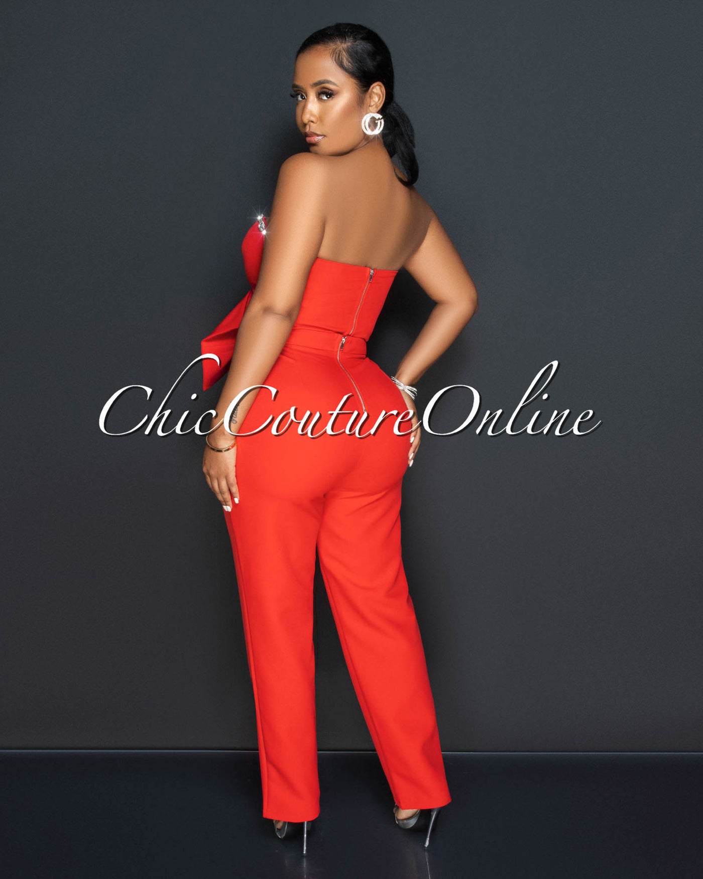 Falcon Red Rhinestones Bow Crop Top & Pleated Pants Set