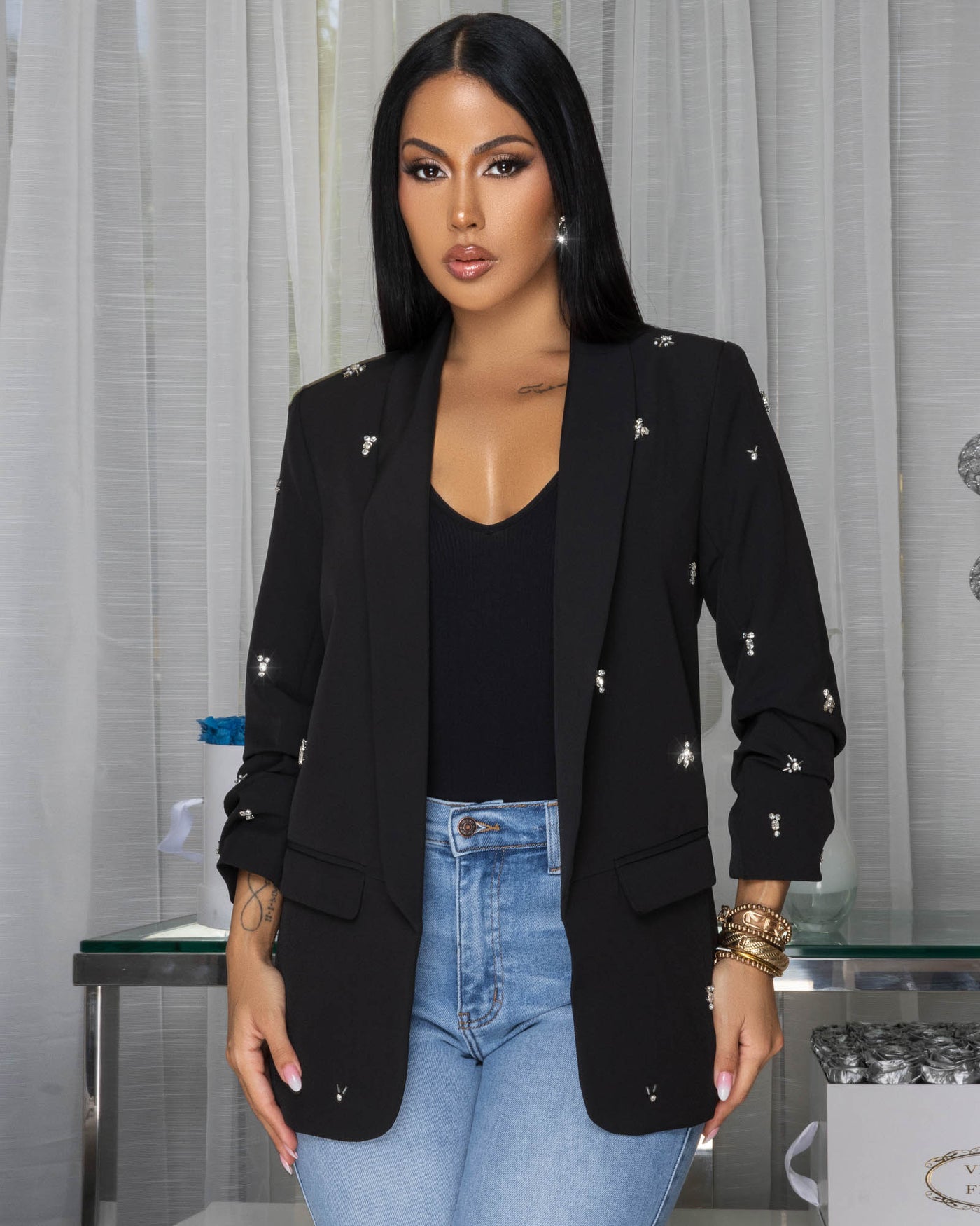Luella Black Rhinestones Decor Long Blazer