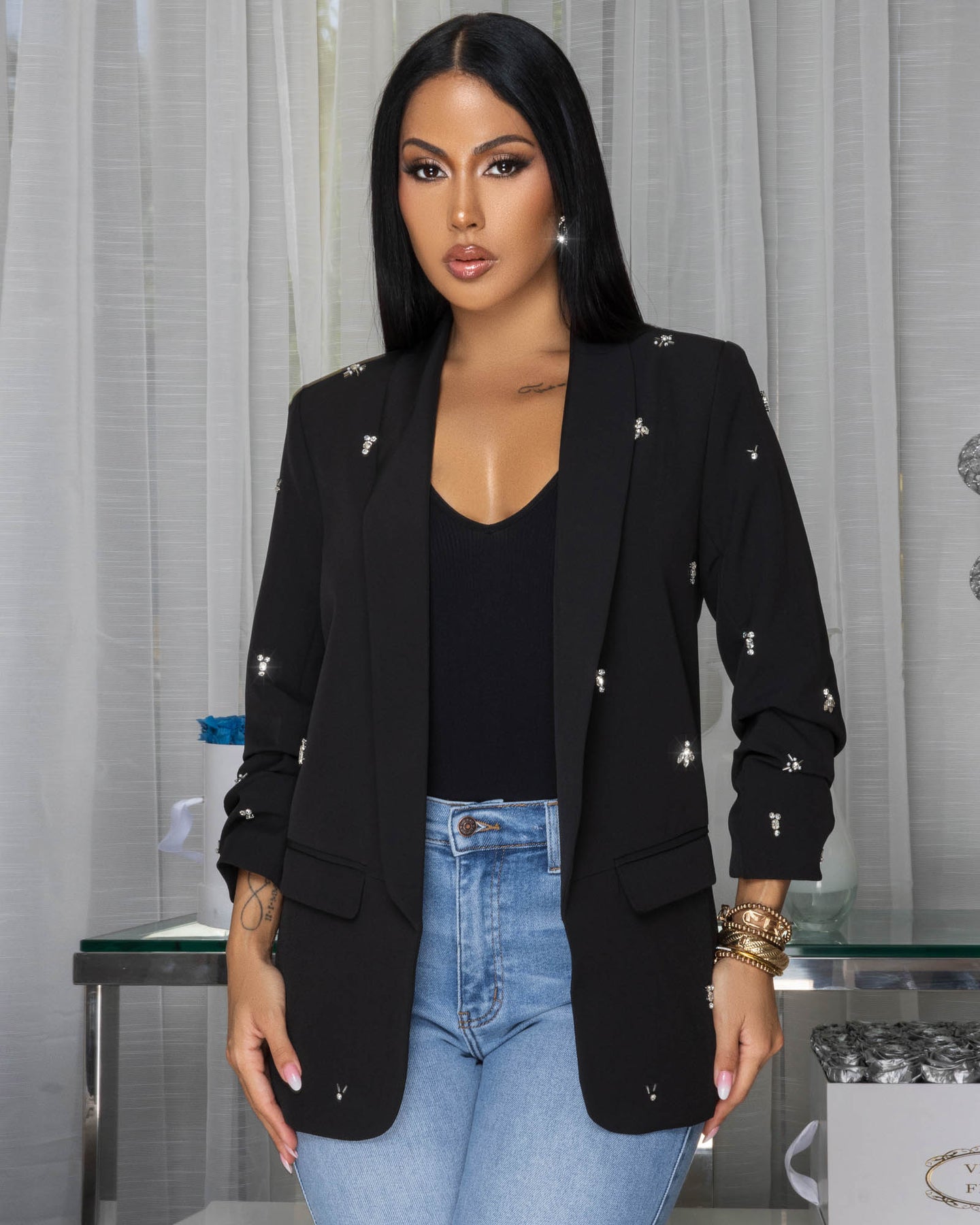 Luella Black Rhinestones Decor Long Blazer