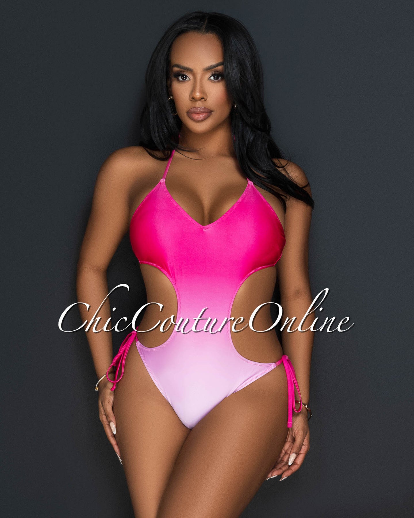 Nona Fuchsia Ombre Halter Strappy One Piece Swimsuit