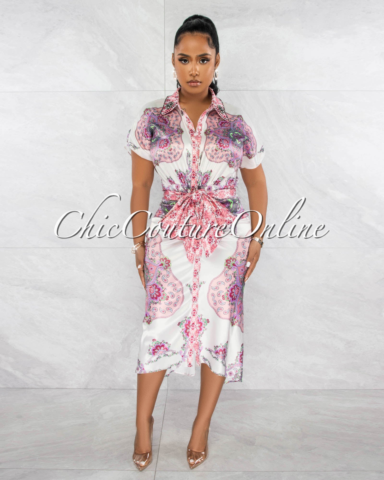 *Zackie Pink Paisley Print Front Drape Shirt Midi Dress