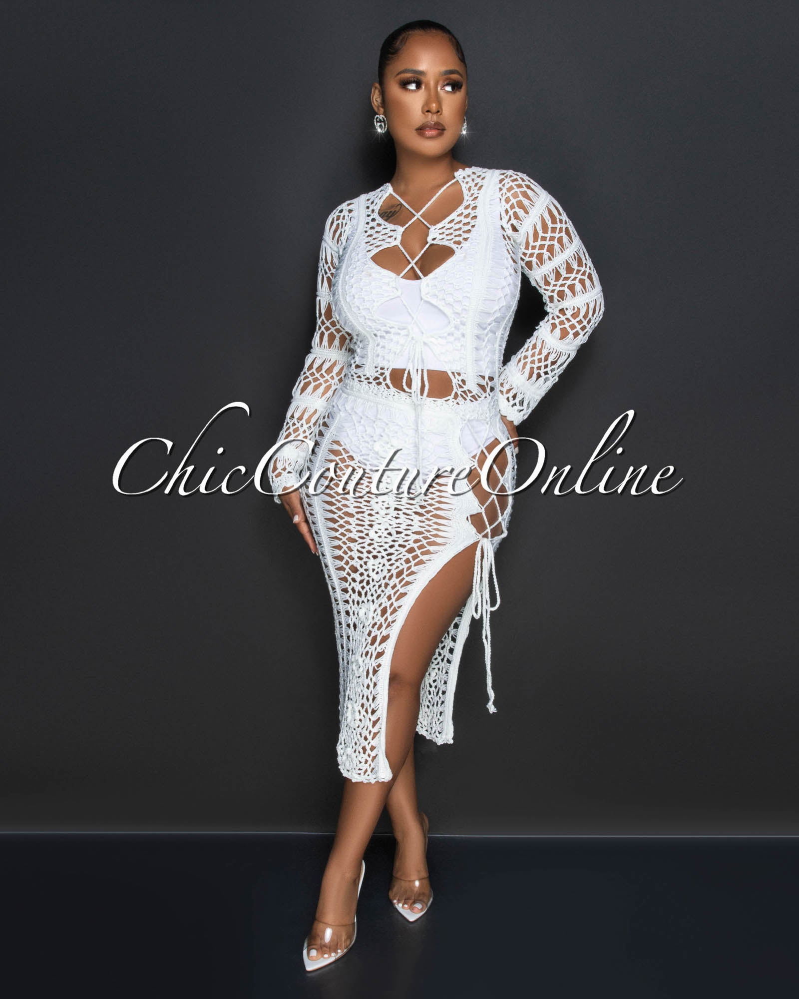 *Domna White Crochet Cover-Up Lace-Up Midi Dress