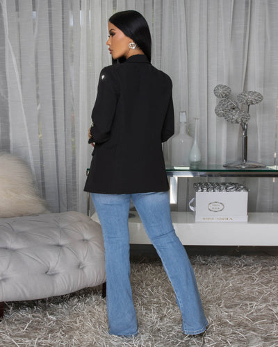 Luella Black Rhinestones Decor Long Blazer