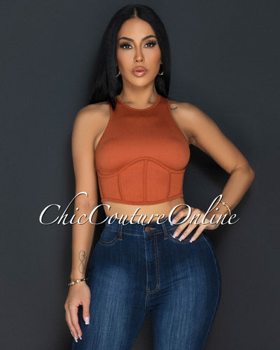 Vinia Rust Corset Style Ribbed Crop Top