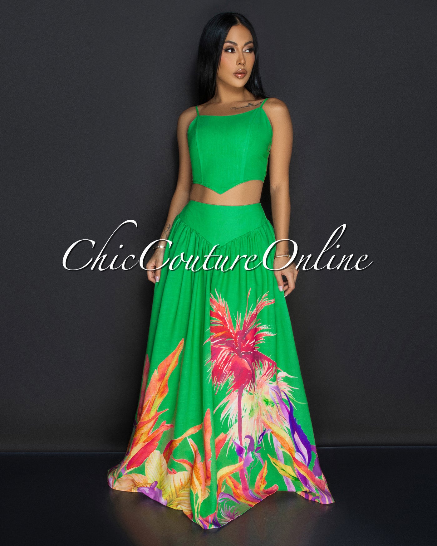 Roza Kelly-Green Floral Bustier & Maxi Skirt Set (10/3)