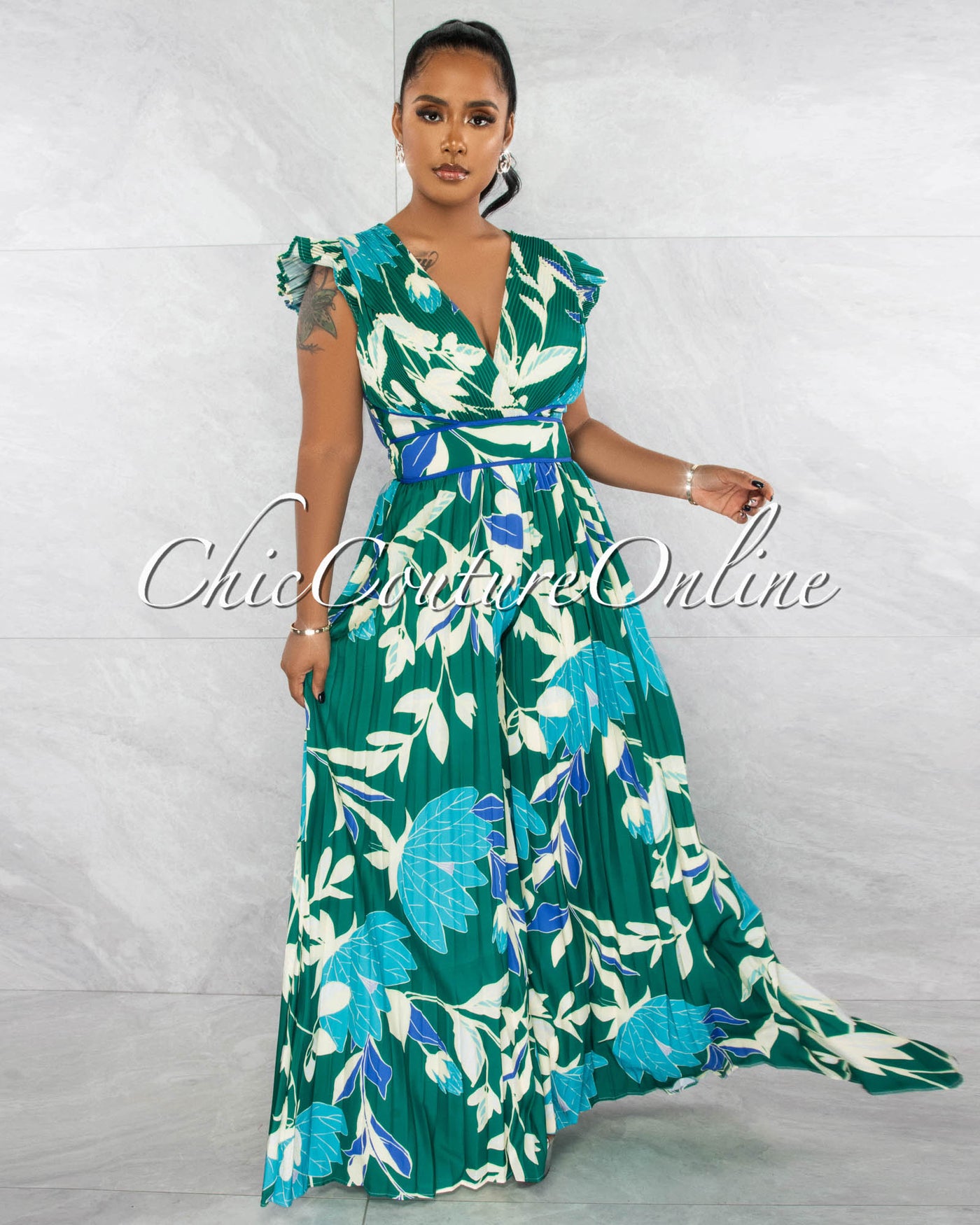 *Edena Green Floral Print Pleated Jumpsuit