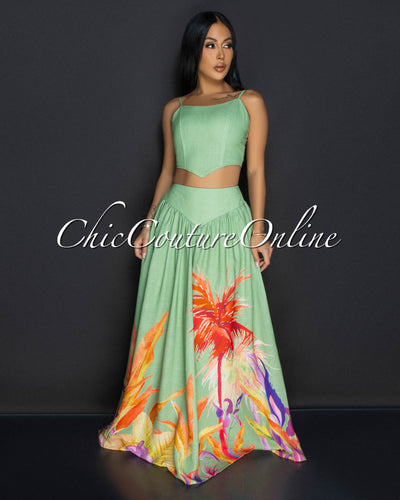 Roza Green Floral Bustier & Maxi Skirt Set