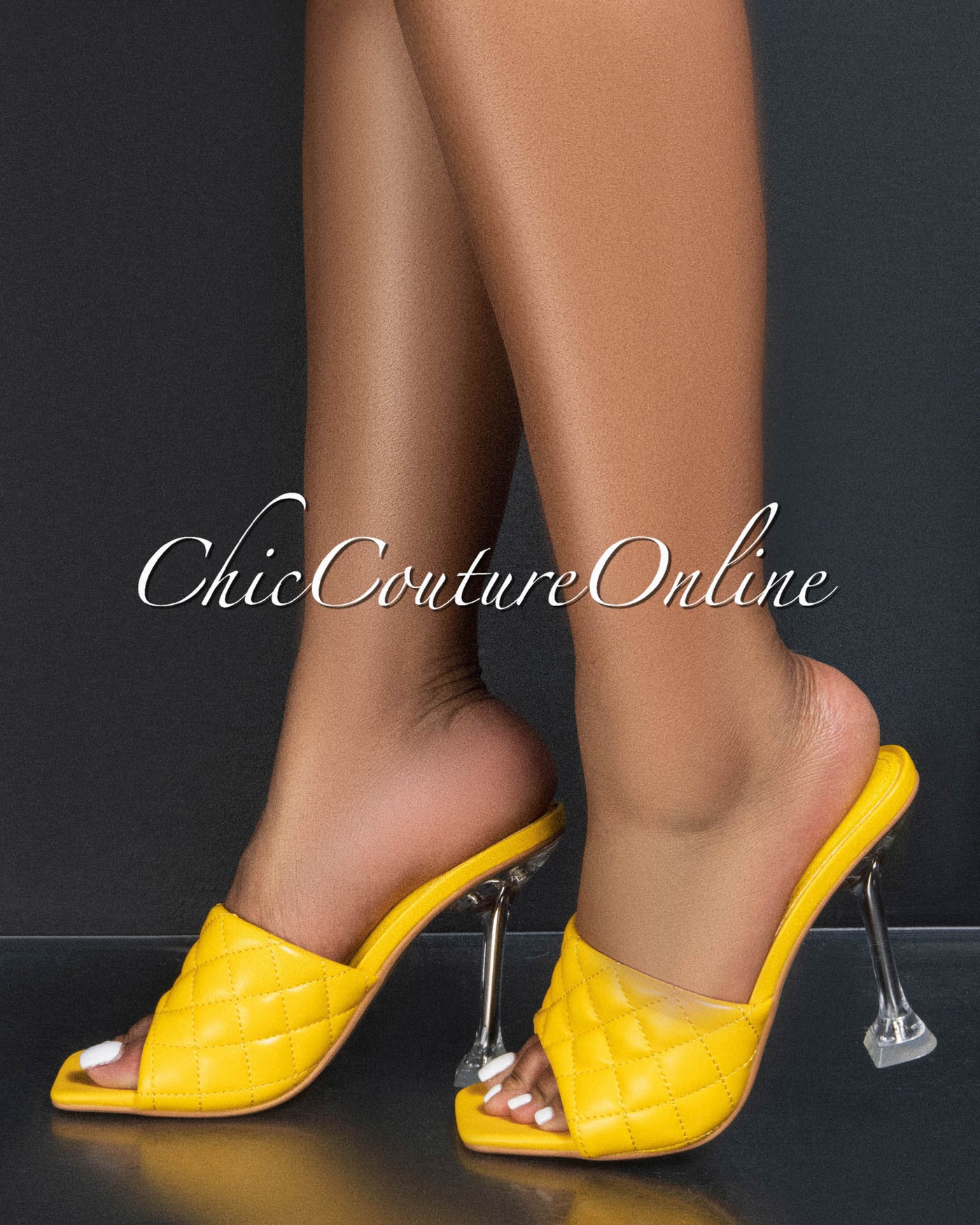 Rafa Yellow Quilted Upper Square Toe Clear Heels