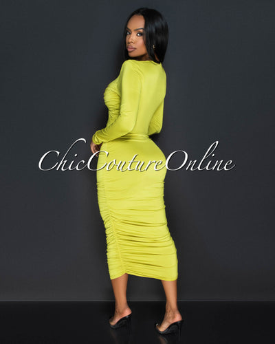 Razelle Lime Knot Accent Ruched Midi Dress