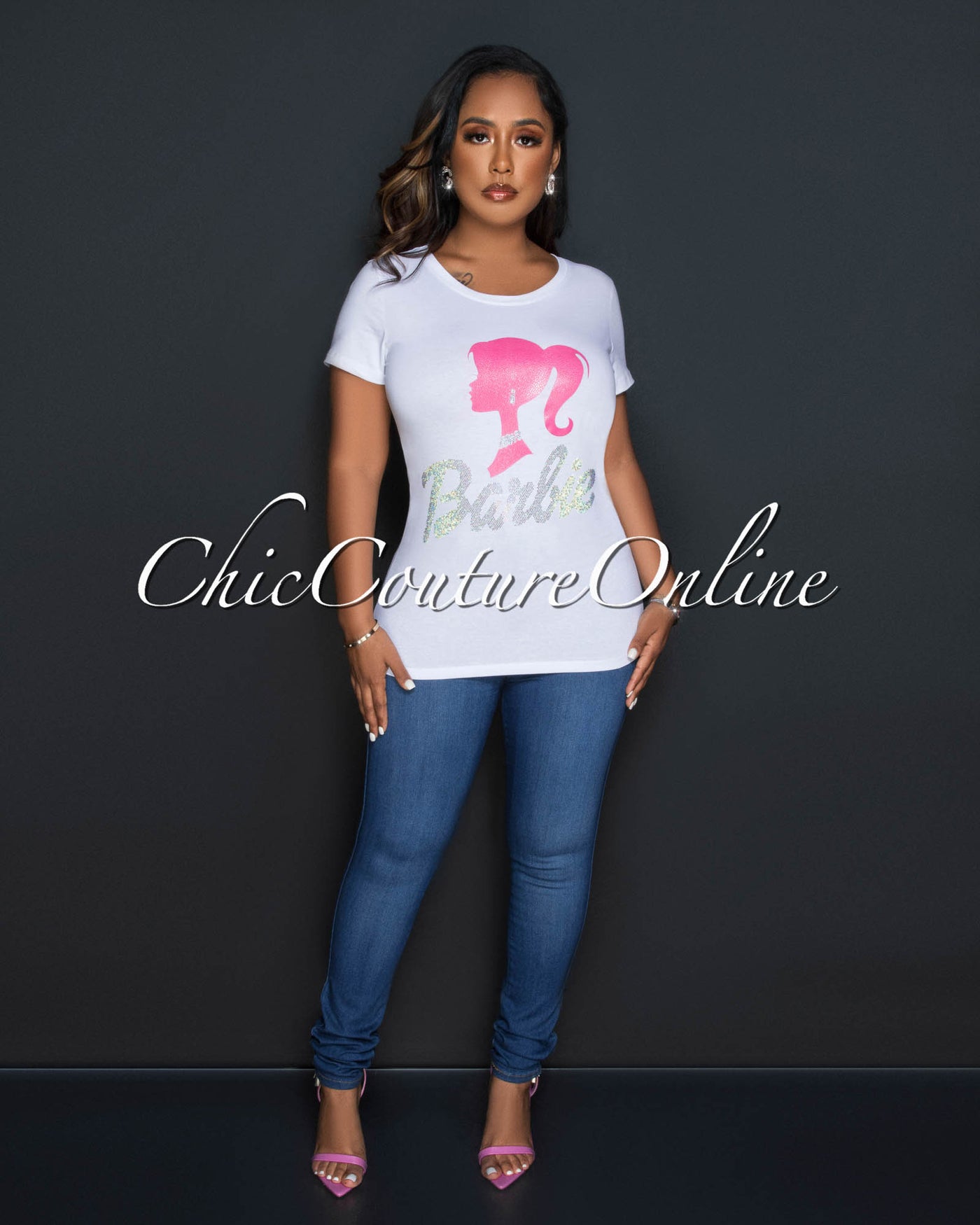 Adriana White Pink Rhinestones Barbie Graphic T-Shirt