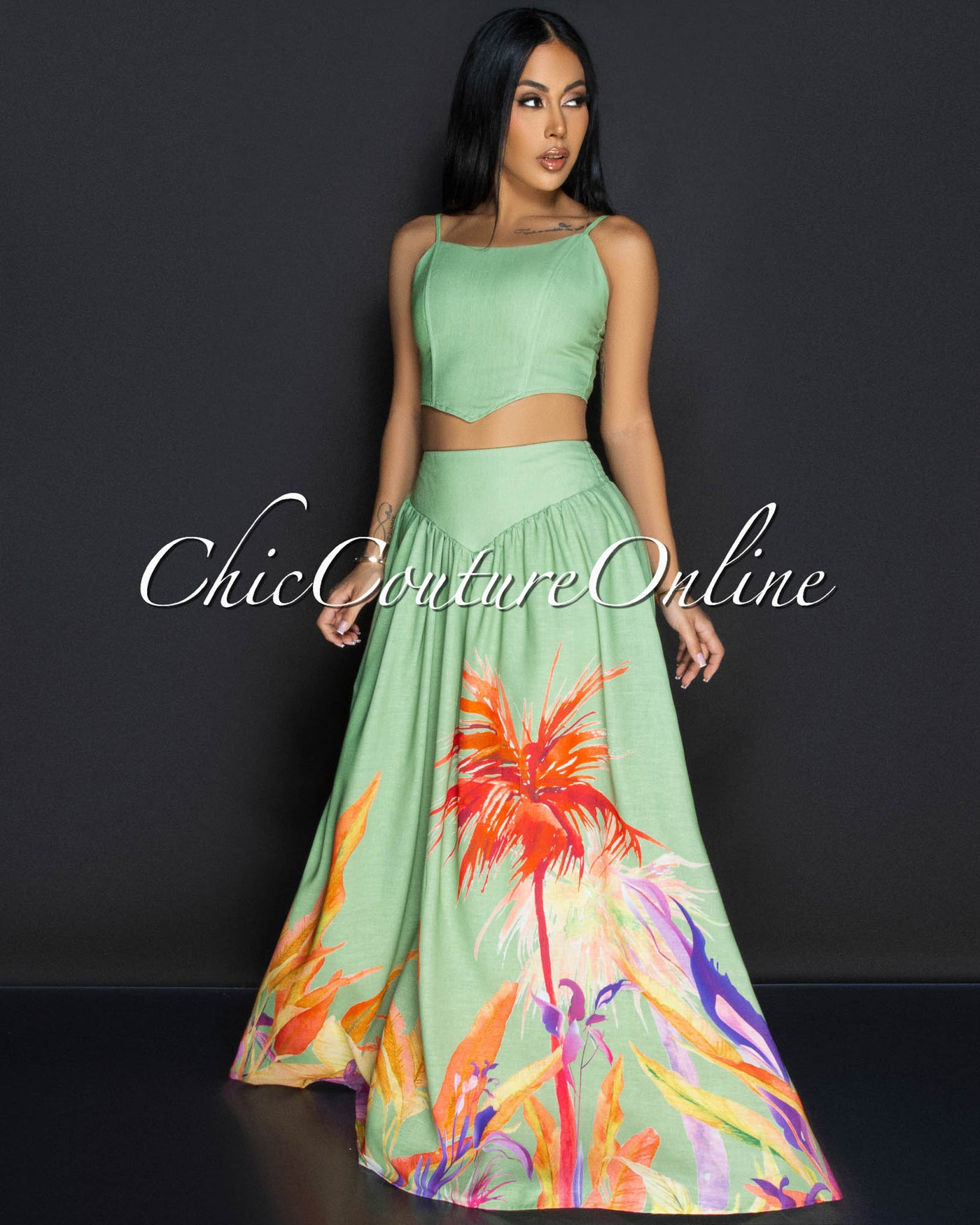 Roza Green Floral Bustier & Maxi Skirt Set