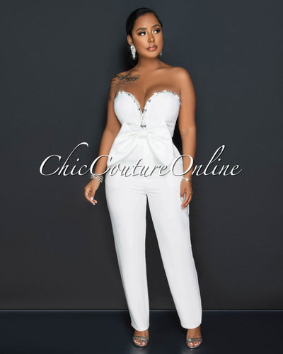 Falcon Off-White Rhinestones Bow Crop Top & Pleated Pants Set