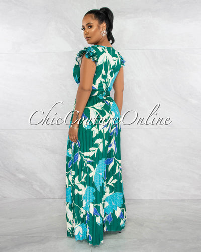 *Edena Green Floral Print Pleated Jumpsuit