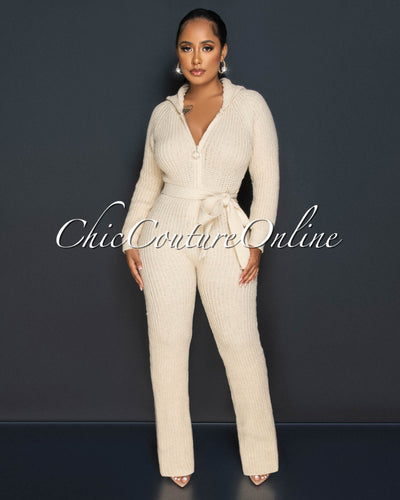 Lidya Nude Cable Knit Hoodie Jumpsuit