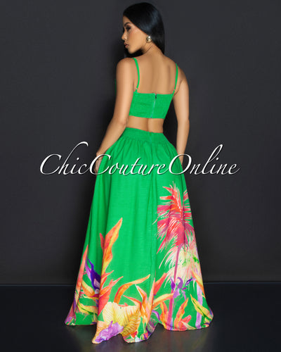 Roza Kelly-Green Floral Bustier & Maxi Skirt Set (10/3)