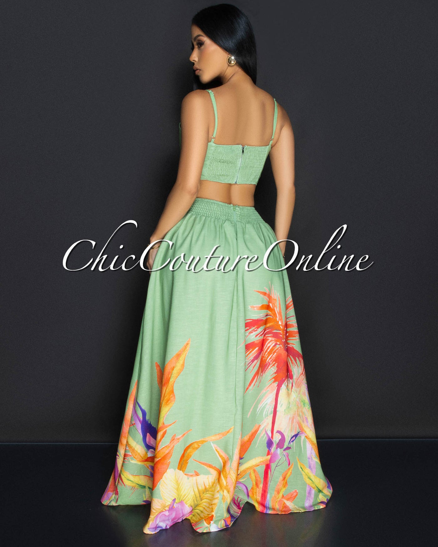 Roza Green Floral Bustier & Maxi Skirt Set