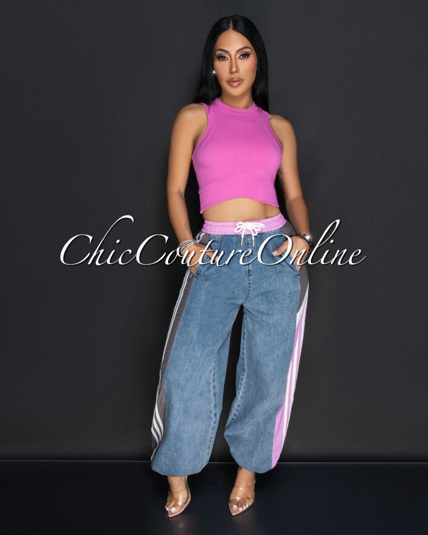 Rorey Pink Grey Denim Sporty Joggers Pants